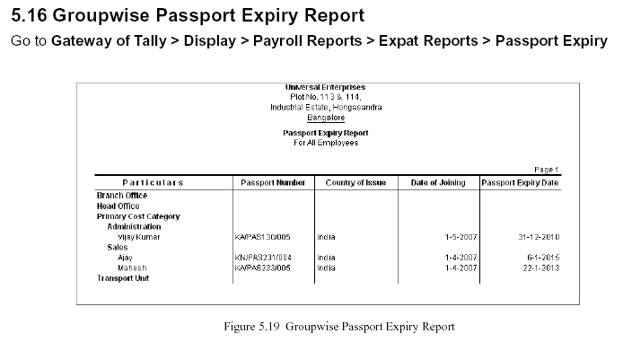 'Group-wise Passport Expiry' Report @ Tally.ERP 9